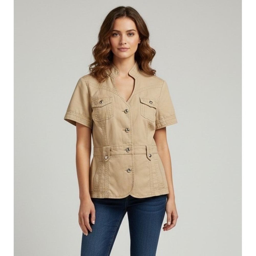 White House Black Market Tan Khaki Short Sleeve Utility Safari Jacket 14